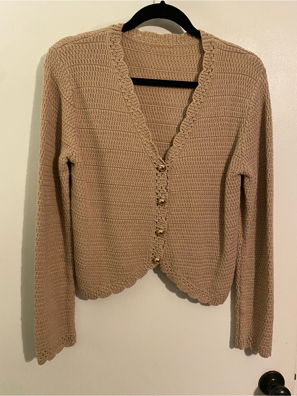 Beige Crochet V-Neck Button Front Women’s Sweater